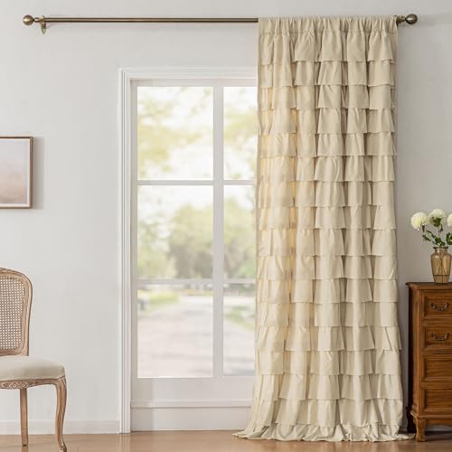 Kotile Beige Ruffle Curtain for Living Room Farmhouse Chic 52x95 in 1 Panel - Rod Pocket Supports Folds, Smooth Textile Softness, Calms Daylight, Soft Rustic Calm, Tall-Drape Scale, Privacy
