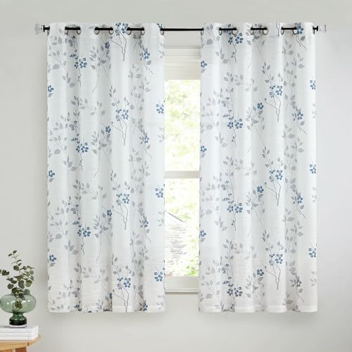 Beauoop Floral Linen Semi Sheer Curtains Living Room Blue Grey 50x54 2 Set - Farmhouse Flower Patterned Blue White Light Filtering Drapes for Bedroom 54 Inch Long Textured Window Treatment Grommet