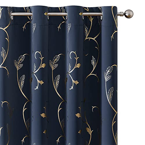 BUHUA Blackout Curtains Gold Foil Print Flower Vine Grommet Drapes, Room Darkening Thermal Insulated Curtains for Bedroom, Navy Blue, 52Wx96L, 2 Panels