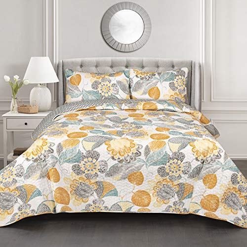 Lush Decor Yellow & Gray Layla Quilt Floral Leaf Print 3 Piece Reversible Bedding Set King