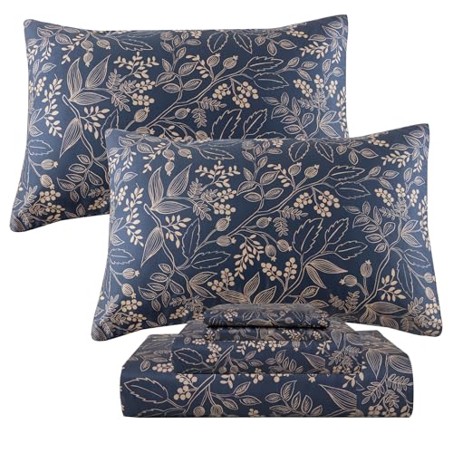 QSH Floral Egyptian Cotton Sheets King Size - Navy Floral Bedding Sheets Botanical Pattern Printed Bedding King Size Bed Sheets 4pcs
