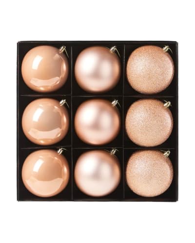 WeRChristmas Set of 9 Rose Gold Shatterproof Christmas Baubles, 10cm - Set of 9 rose gold 10cm shatterproof baubles with 3 shiny, 3 matt and 3 glitter finishes plus gold caps and hanging strings