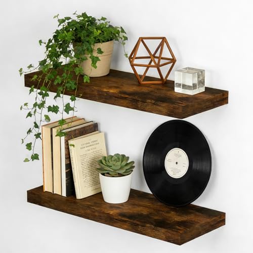Woobroo 2 Pack Floating Shelves, 40x15x3CM Dark Wood Shelves For Wall, Display Wall Shelves For Bedroom, Living Room, Bathroom, Office, etc
