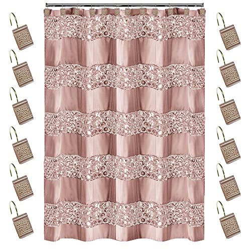Zahari Home Sinatra 13-Piece Shower Curtain Set, with 12 Hooks, Unique Bling Bling Design, Light Pink