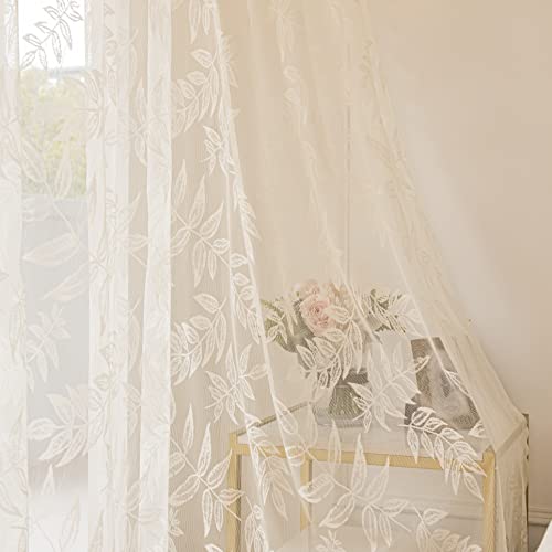"Sutuo Home Ivory Lace Curtains 63 Inches Length, Leaf Embroidery Window Sheer Drapes Pair Knitted, Rod Pocket Vintage Country Window Treatments Set of 2 Panels for Bedroom Living Room, 57"" W x 63"" L"