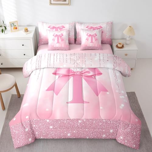 Feelyou Boys Girls Pink Bowknot 7 Pieces Bedding Set Twin Size, Personalized Initial T Comforter Set with Sheets Princess Glitter Bed in A Bag Kids Bow Monogrammed Teens Bed Set Bedroom Decor 7Pcs