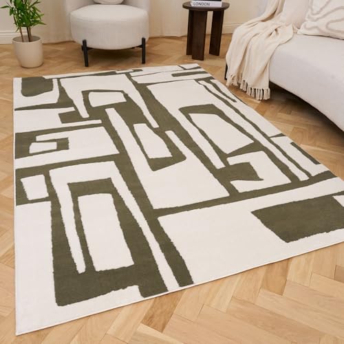 THE RUGS Living Room Rug, Loft Collection – Modern Textured 14mm Soft Pile Area Carpet, Non-Shedding & Easy Care [ Abstract Green, 80x150 cm]