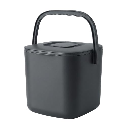 SONGMICS 7 Litre Kitchen Compost Bin, Odour-Proof Indoor Food Waste Caddy - Textured Non-Slip Handle, Strainer Basket with Handle, Lightweight 460g, Easy-Clean PP Surface, Dark Grey, LTB217GZ01