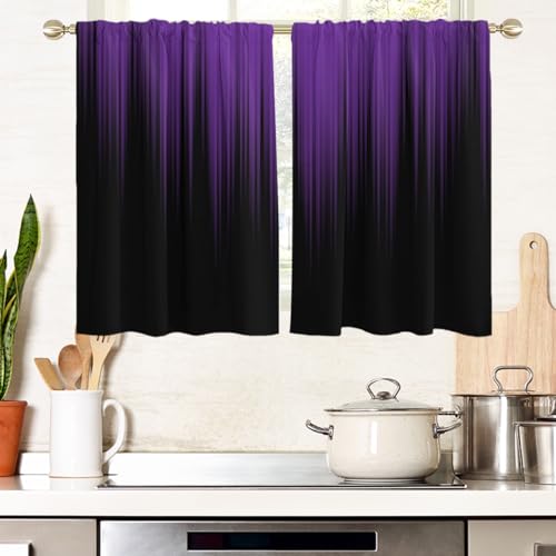 "AAtter Purple and Black Window Curtain for Kitchen Abstract Striped Dark Plum Cool Gothic Gradient Small Short Home Living Room Bedroom Bathroom Drapes Treatment Fabric 1 Pair, 27.5"" W x 45"" L, Modern"