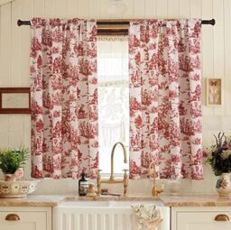 XTMYI Red Short Curtains for Kitchen Window Decor Rod Pocket Toile Floral Farmhouse Christmas Country Laundry Room Door Doorway Rustic Theme Bathroom Curtain Set of 2 Pack 48 Inch Length