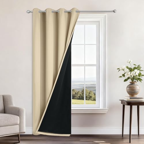 "Yakamok Beige Blackout Curtains 84 Inches Long for Bedroom 52"" Wide 1 Panel - Blackout Curtain Panels for Bedroom, 2 Thick Layers Grommet Top Thermal Insulated Drapes with Black Liner for Living Room"