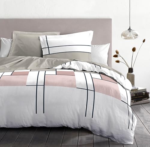 Duvet Cover Set 140 x 200 cm – 2 Pieces – Soft Cotton Percale – Cover + Pillowcase – White & Pink – The Intriguant Model