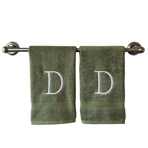 Sage with White Monogrammed Hand Towels for Bathroom - Set of 2 Letter D - Luxury Hotel Quality Initial Towels For Powder Room, Spa, GOTS Organic Certified