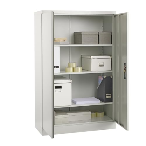 MMT Furniture Grey Steel Storage Cabinet - 2 Door Lockable Filing Cabinet -Storage Cupboard for Home, Office Documents, Files, Pantry - 3 Shelf Unit 75cm x 40 x 140cm
