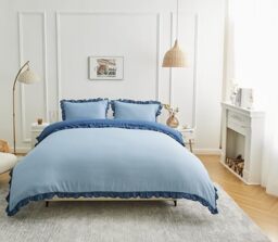 GC GAVENO CAVAILIA Ruffles Duvet Cover Double With Pillow Cases - Reversible Plain Bedding Double Duvet Cover Set - Breathable & Lightweight Frill Quilt Cover Bed Set 200x200 Cm, Blue/Denim Blue