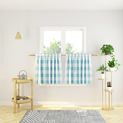 Natus Weaver Buffalo Check Kitchen Tier Curtais 24 inches Long Plaid Gingham Rod Pocket Classic Cafe Curtains Country Farmhouse Kitchen Half Window Curtains 2 Panels Sky Blue & White