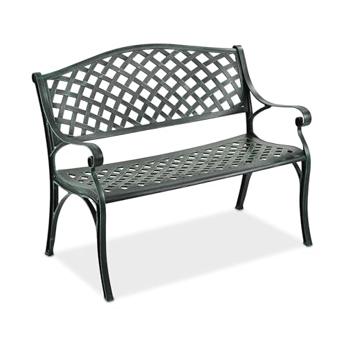 Relaxdays patio bench, 2-seater, HxWxD: 82 x 102 x 60 cm, cast aluminium, antique style, garden, balcony, black/green