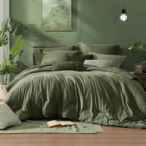 Monbix Oversized King Comforter Set Olive Green 7 Pieces Bed in a Bag - Cationic Dyeing Reversible All Season Bedding Sets with Comforter, Sheets, Pillowcases & Shams