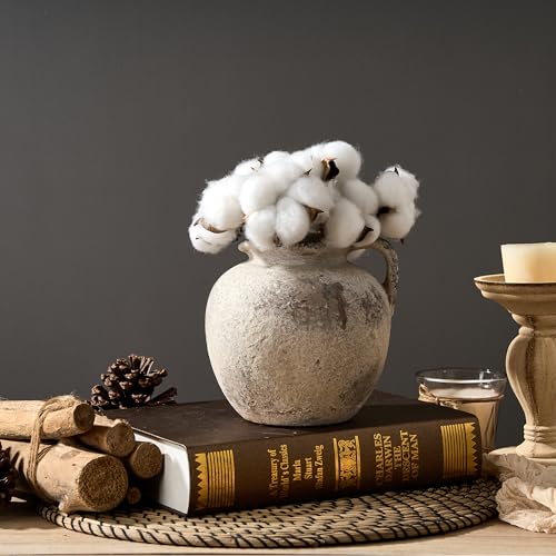PORCER Antique Terracotta Vase With Handle, 5.6 Inch Farmhouse Ceramic Boho Decor, Rustic Home Decor for Living Room, Table, Wedding - Distressed Design, Gray