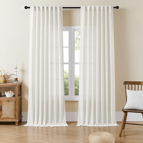 Joydeco Light Filtering Curtains 90 Inch Length for Bedroom, Linen Curtains 90 Inch Length 2 Panels Set for Living Room,White Semi Sheer Curtains 90 Inches Long with Rod Pockets