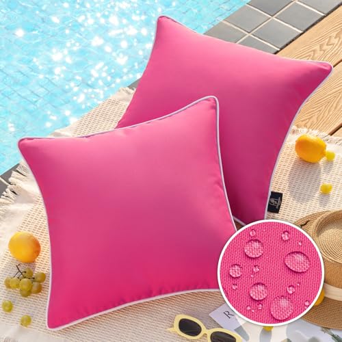 Phantoscope Pack of 2 Outdoor Waterproof Throw Pillow Covers Decorative Square Outdoor Pillows Cushion Case Patio Pillows for Couch Tent Sunbrella, Hot Pink 18x18 inches 45x45 cm