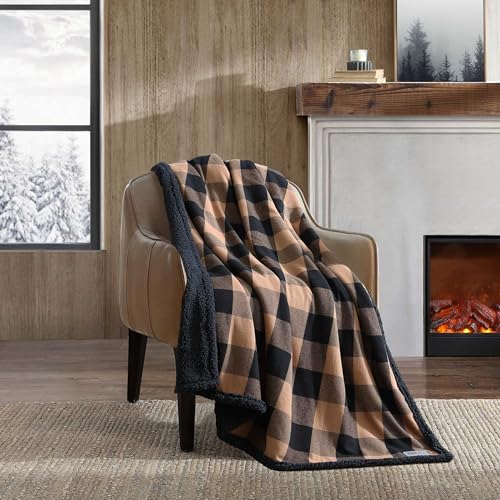 Eddie Bauer - Throw Blanket, Reversible Sherpa Flannel Bedding, Buffalo Plaid Home Decor for All Seasons (Cabin Plaid Beige, Throw)