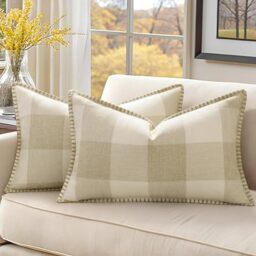 decorUhome Buffalo Check Plaid Cushion Covers Linen Farmhouse Trimmed Edge Decorative Cushion Covers for Sofa 30x50cm, Cream White and Beige, Set of 2