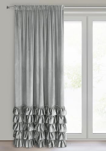 Eurofirany Carli Velvet Curtain with Ruffle Tape, 1 Piece, Opaque Blackout Curtain for Living Room, Bedroom, 140 x 270 cm, Grey