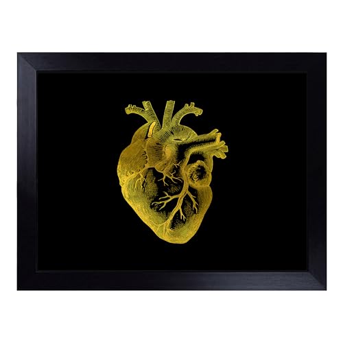 Lap Tray with Bean Bag Cushion, Black Gold Anatomical Heart - Handmade in the UK, Raised Wooden Edge, Padded Cushion, Heat-Resistant Wipe-Clean Surface, for Meals, Laptops and Crafts