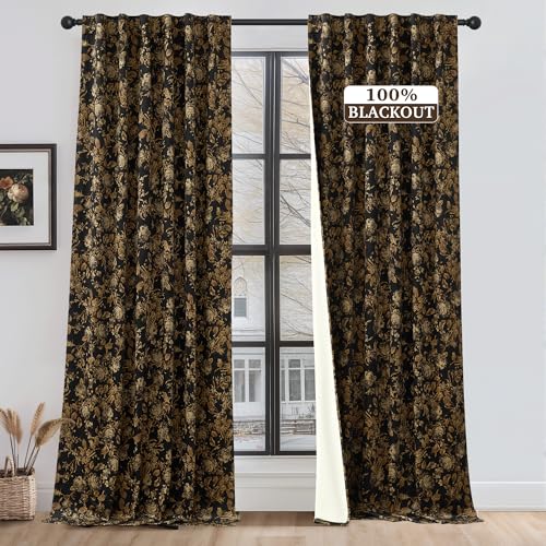 StangH Floral 100% Blackout Curtains for Bedroom, Super Soft Gold Rose Patterned Velvet Drapes Energy Efficient Boho Farmhouse Floor Length Panels for Living Room Hallway, W52 x L108, 2 Panels