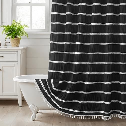 Siiluminisoy Extra Long Shower Curtain Fabric 72 x 84 Inch Shower Curtain Black Striped Cotton Blend Thick Farmhouse Shower Curtains for Country Bathroom Decor