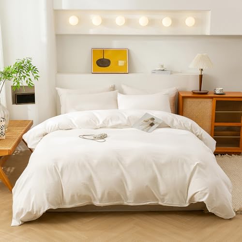 ECOCOTT White Duvet Cover King Size, 100% Washed Cotton 1 Duvet Cover with Zipper and 2 Pillowcases, Ultra Soft and Easy Care Breathable Bedding Set (White, King)