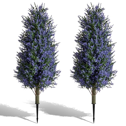 MGWILL 3FT Artificial Lavender Topiary Tree, Set of 2 Artificial Shrubs Fake Bushes with Spike, Faux Lavender Plants for Porch, Artificial Plants for Outdoor Planters Indoor UV Resistant