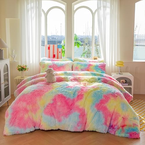 chovy Faux Fur Plush Tie-Dyed Pink Comforter Sets King - Ultra Soft Shaggy Flannel Velvet Fluffy Fuzzy 3PC Bedding Set ???Comforter x 1 Pillowcases x 2???