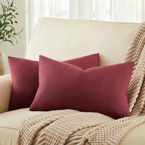 ZeeMart Rustic Linen Lumbar Pillow Covers Set of 2, Burgundy 12x20in - Textured Pillow Case, Rustic Cotton Linen Fabric, Modern Farmhouse Cushion Covers for Sofa Bed Living Room Home Decor