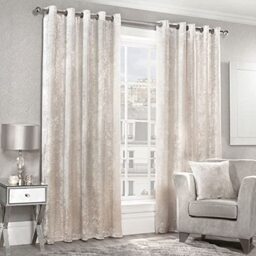 "Alan Symonds Home CRUSHED VELVET Lined Eyelet/Ring Top Curtains Pair cream 90"" width x 90"" width"