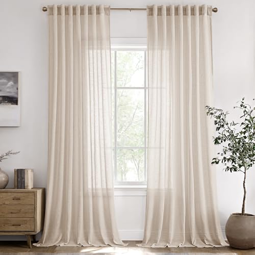 ANRODUO Beige Linen Curtains 80 inches Long 2 Panels for Living Room Semi Sheer Light Filtering Window Drapes with Back Tab Burlap Textured Modern Farmhouse Coastal Curtains for Dining Room Office