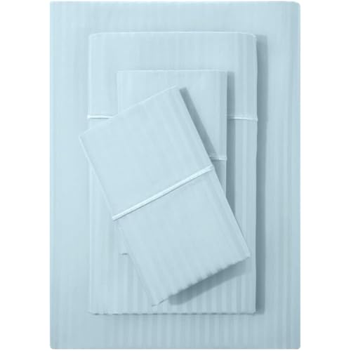 Feather & Stitch King Size Damask Stripe Sheet Set - 4 Piece Set, Ultra Soft 100% Cotton Sheets, 500 Thread Count Luxury Sateen Weave, Deep Pocket Bedsheets, with 2 Pillowcases (King, Aqua)