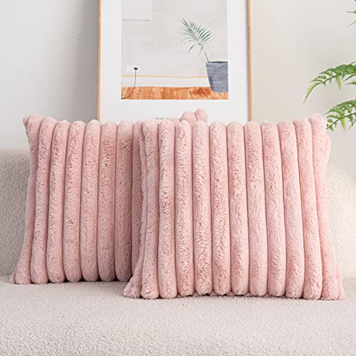DEELAND Pack of 2 Faux Fur Plush Decorative Throw Pillow Covers Fuzzy Striped Soft Pillowcase Cushion Covers for Sofa Couch Bedroom 18x18 inch