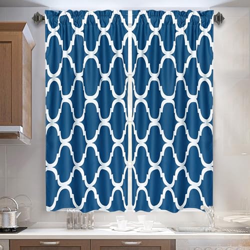 Melodieux Set of 2 Moroccan Fashion Tier Curtains for Kitchen,Geometric Lattice Rod Pocket Curtains for Cafe Bathroom Small Windows,45 Inch Length,Navy