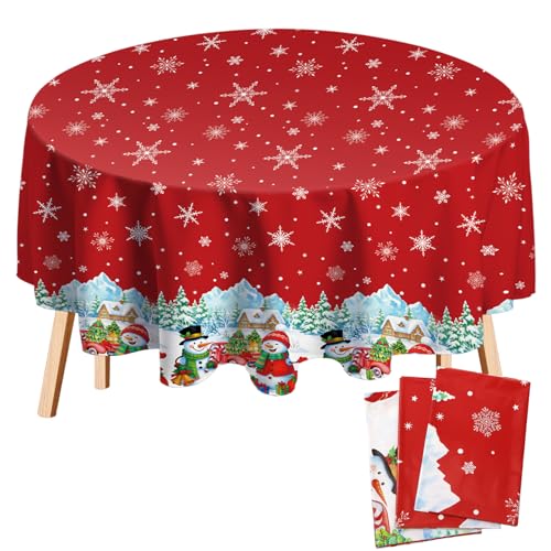 Potchen 3 Pcs Round Christmas Tablecloth 84 Inch Plastic Christmas Tree Snowman Snowflake Tablecloth Disposable Xmas Holiday Table Cover for Party Picnic Dinner Kitchen Decor (Snowman)