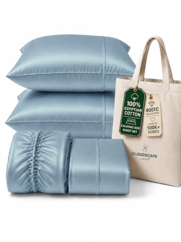 Cloud Scape Linen 100% Egyptian Cotton 4 Pcs California King Sheet Set, 400 Thread Count,Hotel Quality, Silky Soft, Breathable, Durable, Deep Pockets up to 17, French Blue