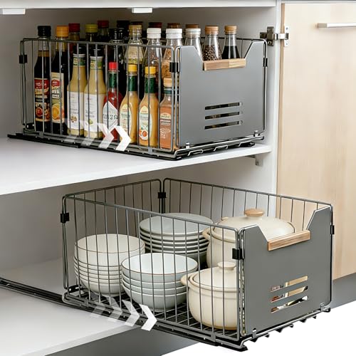 AiQInu Set of 2 Pull-Out Drawers, Furniture Organizer without Holes, Kitchen Drawer Runners, Silent Sliding for Pantry, Bathroom, Easy to Install, 37.5 x 24.5 x 19 cm