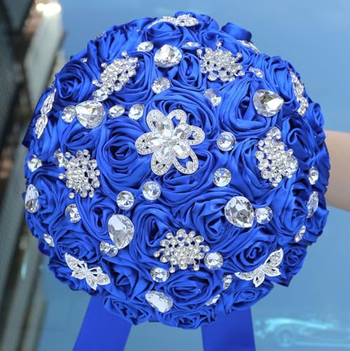 "Mhojpik 9.8"" Royal Blue Bridal Wedding Bouquet Round Bling Brooch Bouquet Throw Toss Artificial Rose Flower Bunch for Bride Bridesmaid Wedding Quinceanera"