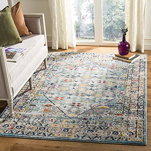 Safavieh Boho Rug for Living Room, Dining Room, Bedroom - Monaco Collection, Short Pile, in Blue and Light Grey, 200 x 200 cm