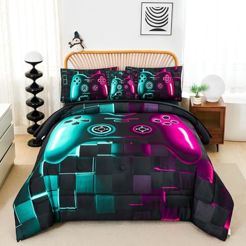 PERFEMET Game Twin Bedding Sets for Boys 6 Pieces Purple and Teal Kids Gaming Bed Comforter Set Soft Microfiber 3D Gamer Console Teen Boy Bed in a Bag with Sheets for All Season(Purple Teal, Twin)