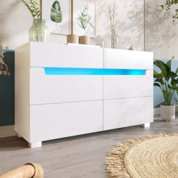 Ball & Cast Sideboard Cabinet Dresser with 6 Drawers,Storage with RGB LED(App Control), Sideboard with Cut-out Handles, 6-drawers Chest of Drawers, 71 x 120 x 40 cm, White