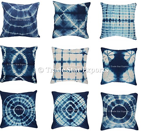 Trade Star Set Of 5 Shibori Indigo Cushion Cover, 16x16 Tie Dye Pillowcases, Cotton Square Cushion, Indian Pillow Sham, Decorative Throw Pillows