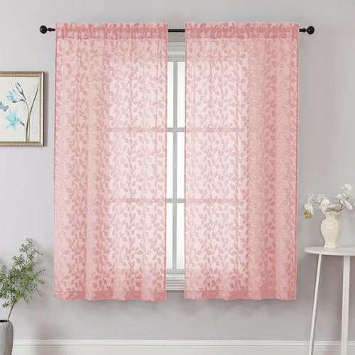"Chyhomenyc Blush Pink Sheer Curtains 63 Inch Length 2 Panels Set, Light Filtering Tufted Textured Soft Airy Rod Pocket Beautiful Leaf Window Treatment Drapes for Bedroom Living Room, 42"" Wx63 L, 2PCS"