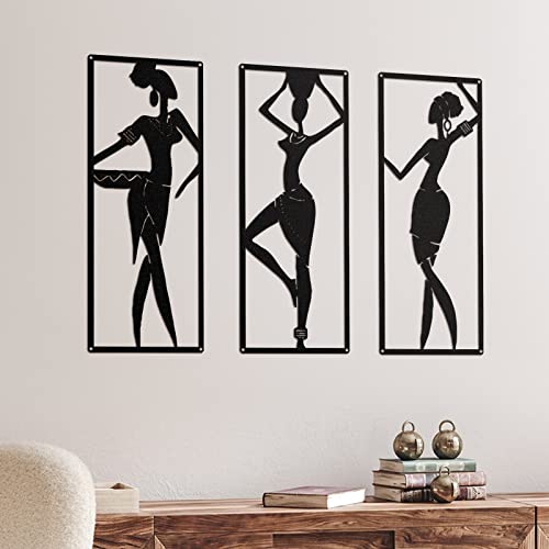 Therwen 3 Pieces African Women Metal Wall Art for Bedroom, Bathroom, Living Room - Black American Home Decor - 15.7 x 6 Inch
